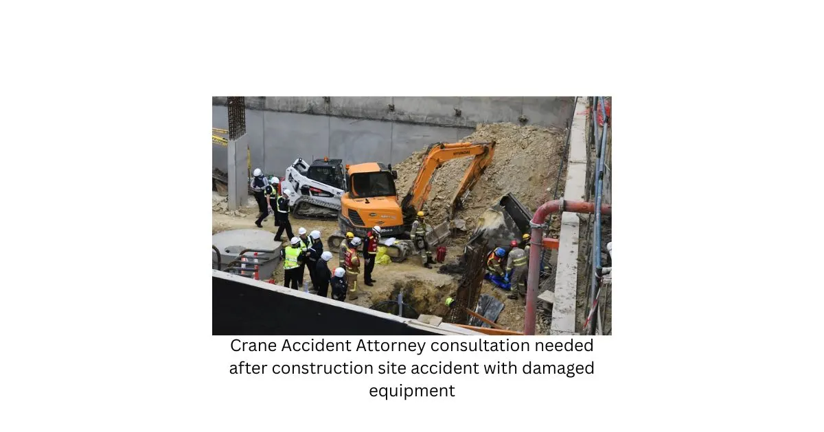Crane accident attorney consultation needed after construction site accident with damaged equipment