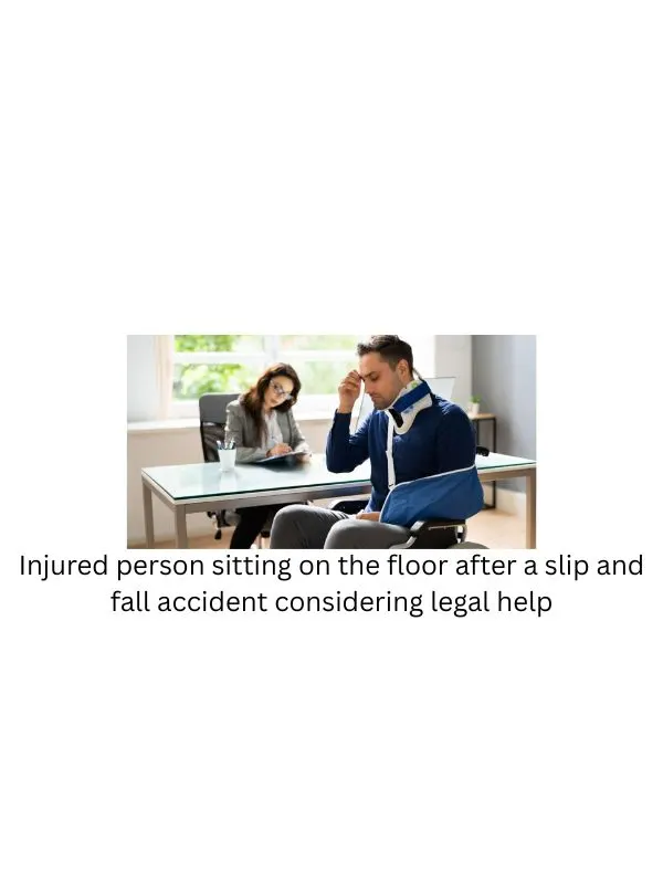 Injured person sitting on the floor after a slip and fall accident considering legal help