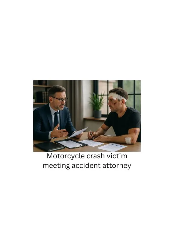 Motorcycle crash victim meeting accident attorney